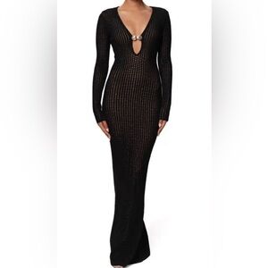 New JLUXLABEL Sol Open Stitch Long Sleeve BodyCon Sweater Knit Dress Black Shell